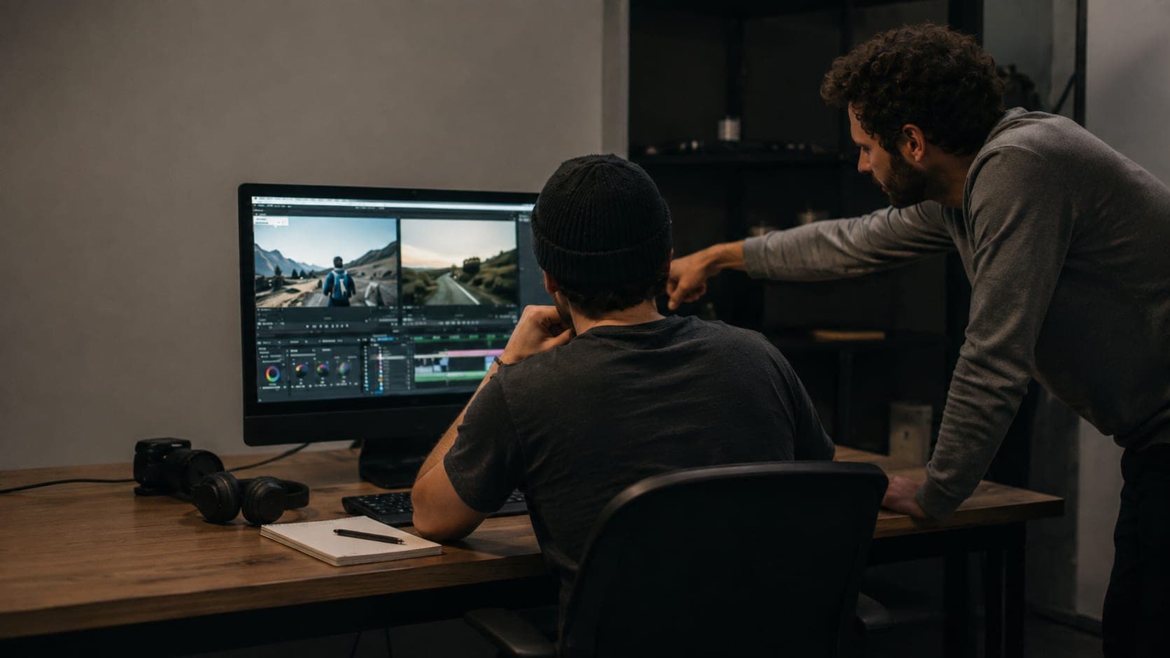 Two Visual Trenz editors reviewing a colour grade in the edit suite.