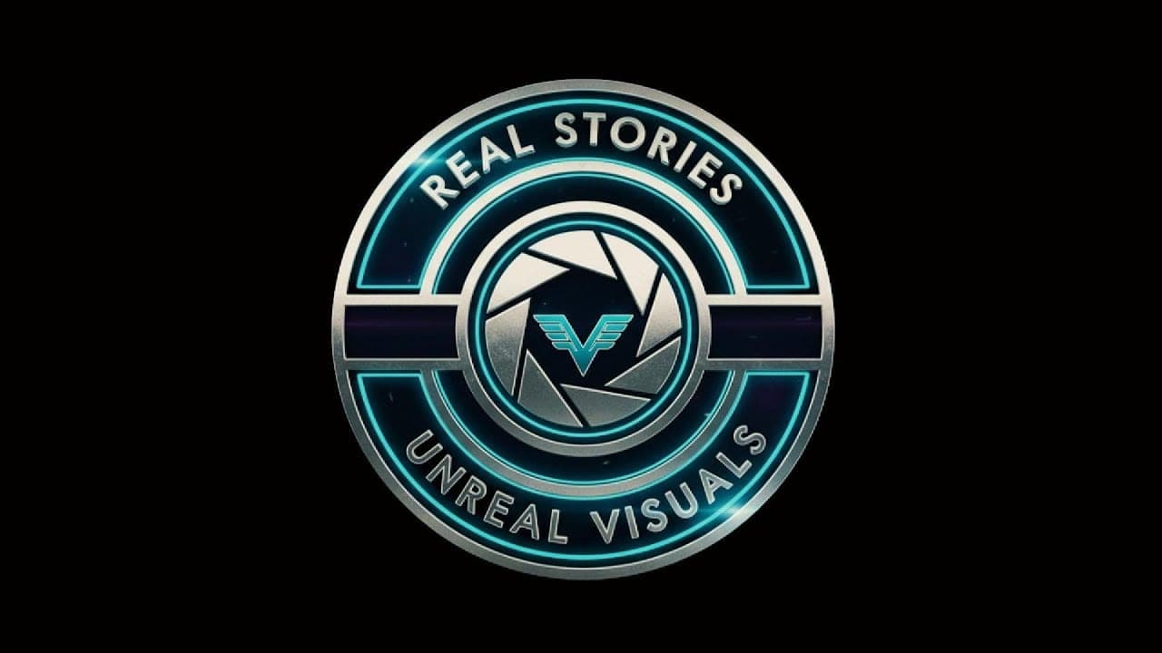 The Visual Trenz emblem, a camera shutter inside a glowing ring reading "Real Stories, Unreal Visuals".