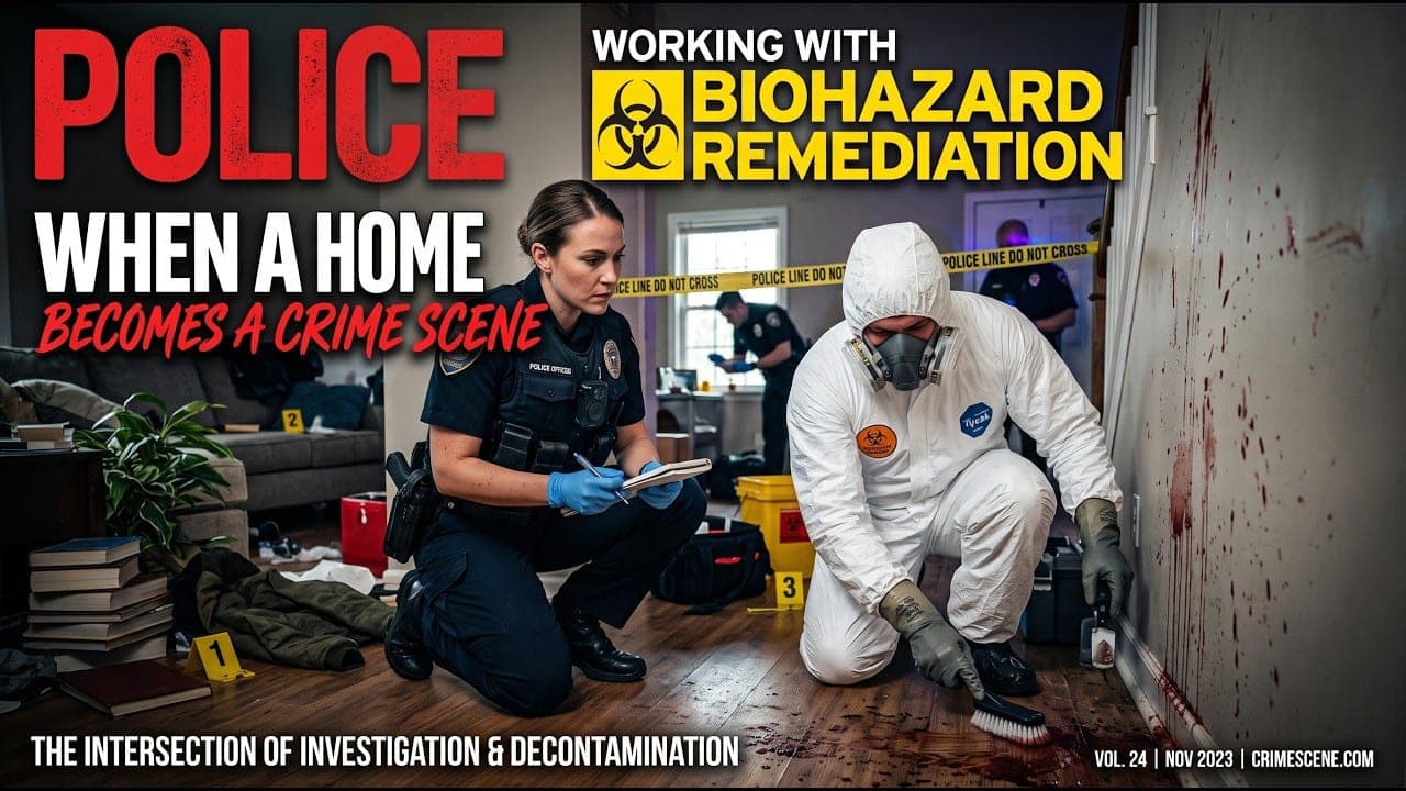 A police officer taking notes beside a technician in a hazmat suit working a marked-out room.