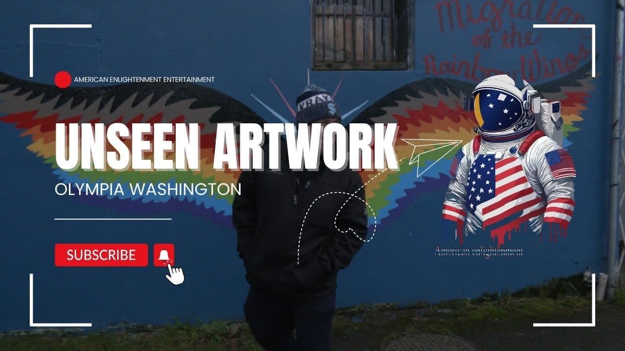 A person standing before a rainbow-winged mural on a blue wall in Olympia, Washington.