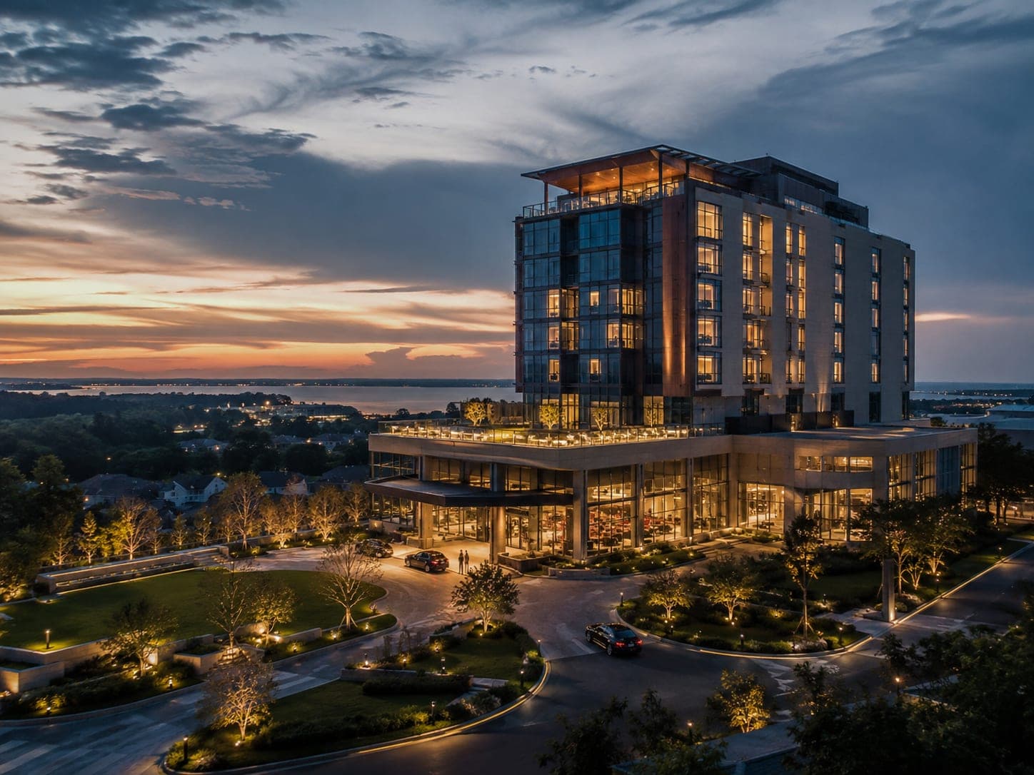 Aerial view of a waterfront building lit at dusk, shot from the air.