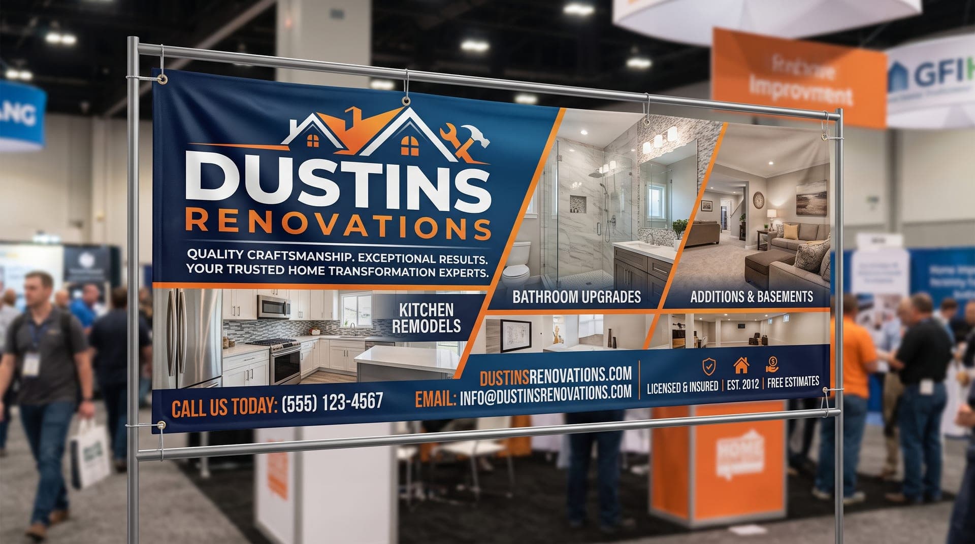 A navy and orange trade show banner for Dustins Renovations, with kitchen, bathroom and basement photographs beside a contact strip.