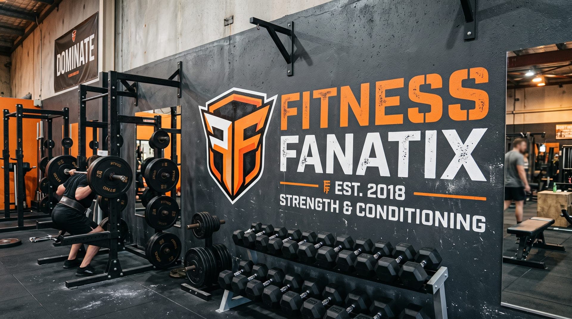 A gym wall painted with the orange Fitness Fanatix shield monogram and the words Strength and Conditioning, above a dumbbell rack.