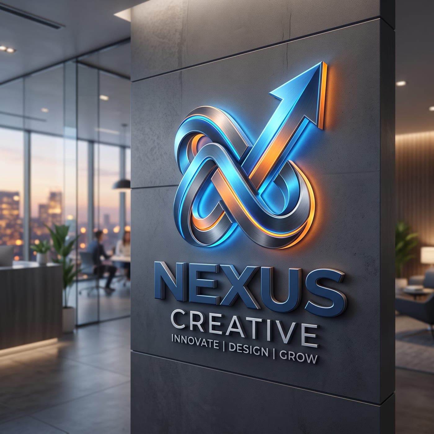 A dimensional office reception sign reading Nexus Creative, its interlocking loop and arrow mark lit in blue and orange.