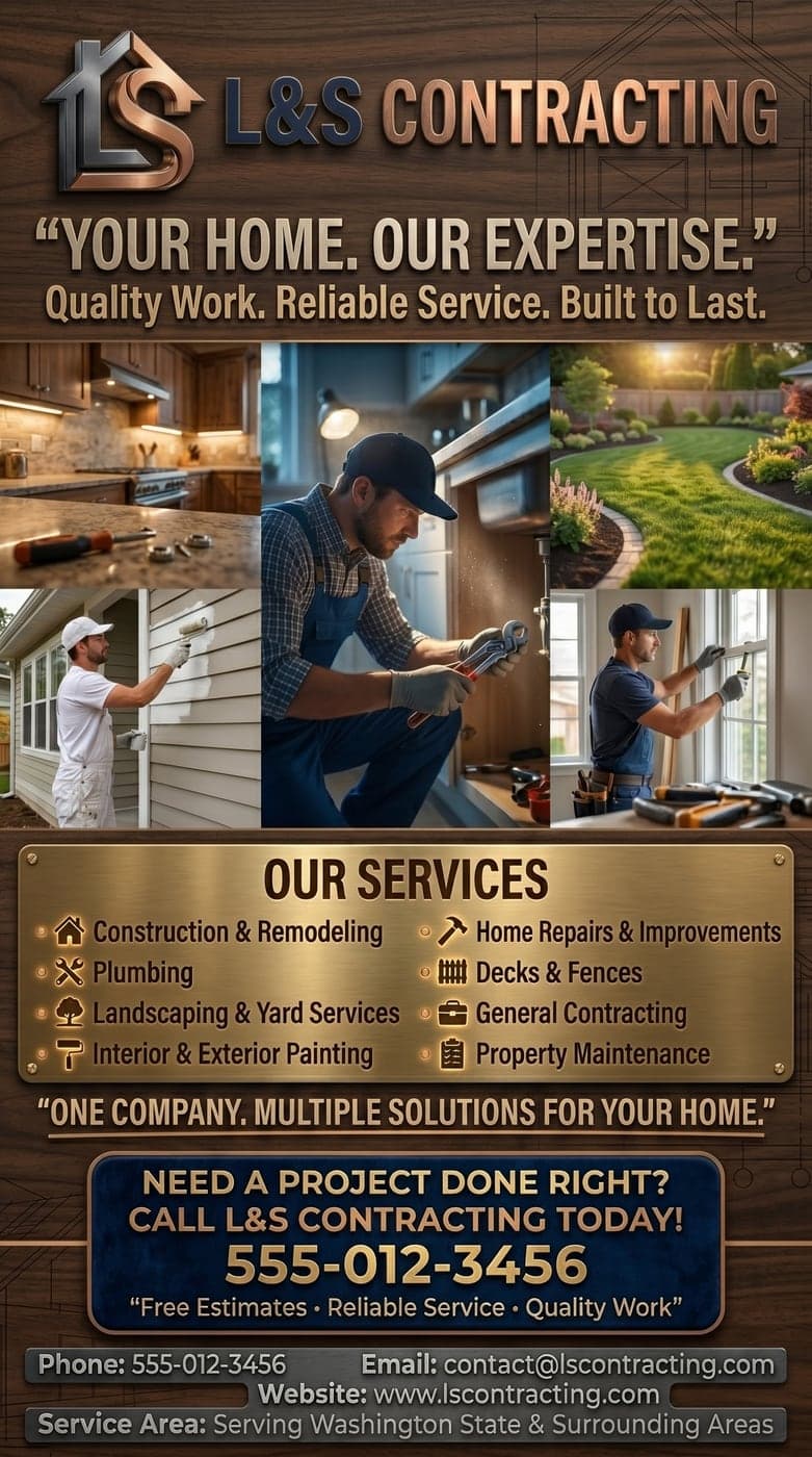 L&S Contracting services flyer with a grid of home improvement photographs above a brass services panel.
