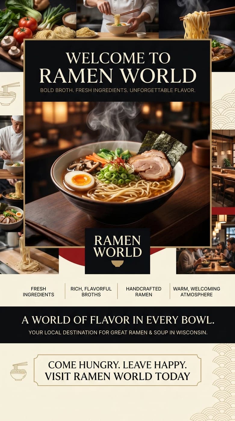 Ramen World restaurant flyer with a bowl of ramen photographed above a collage of kitchen and dining shots.