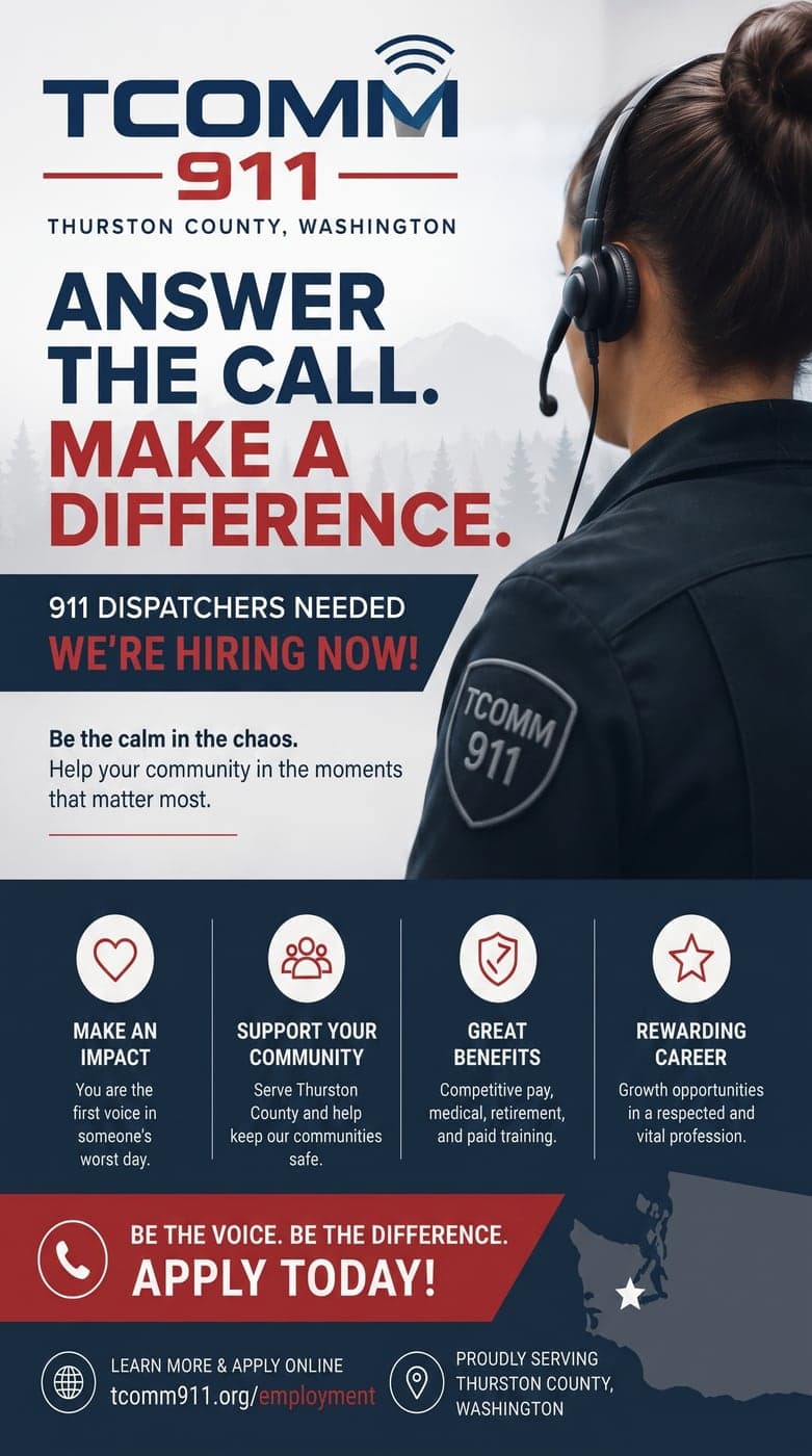 TCOMM 911 dispatcher recruitment flyer, headlined "Answer the call. Make a difference."