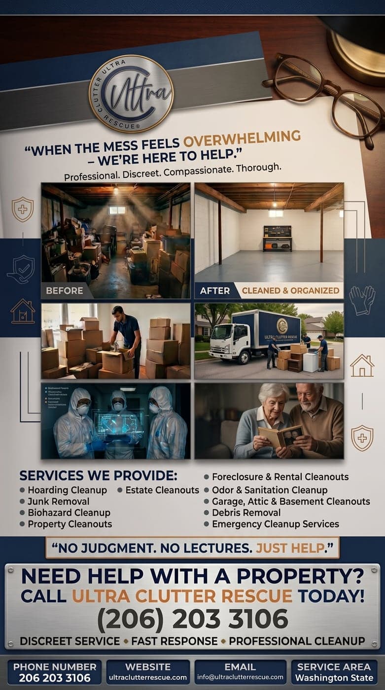 Ultra Clutter Rescue property cleanout flyer showing before and after photographs of a cleared basement.