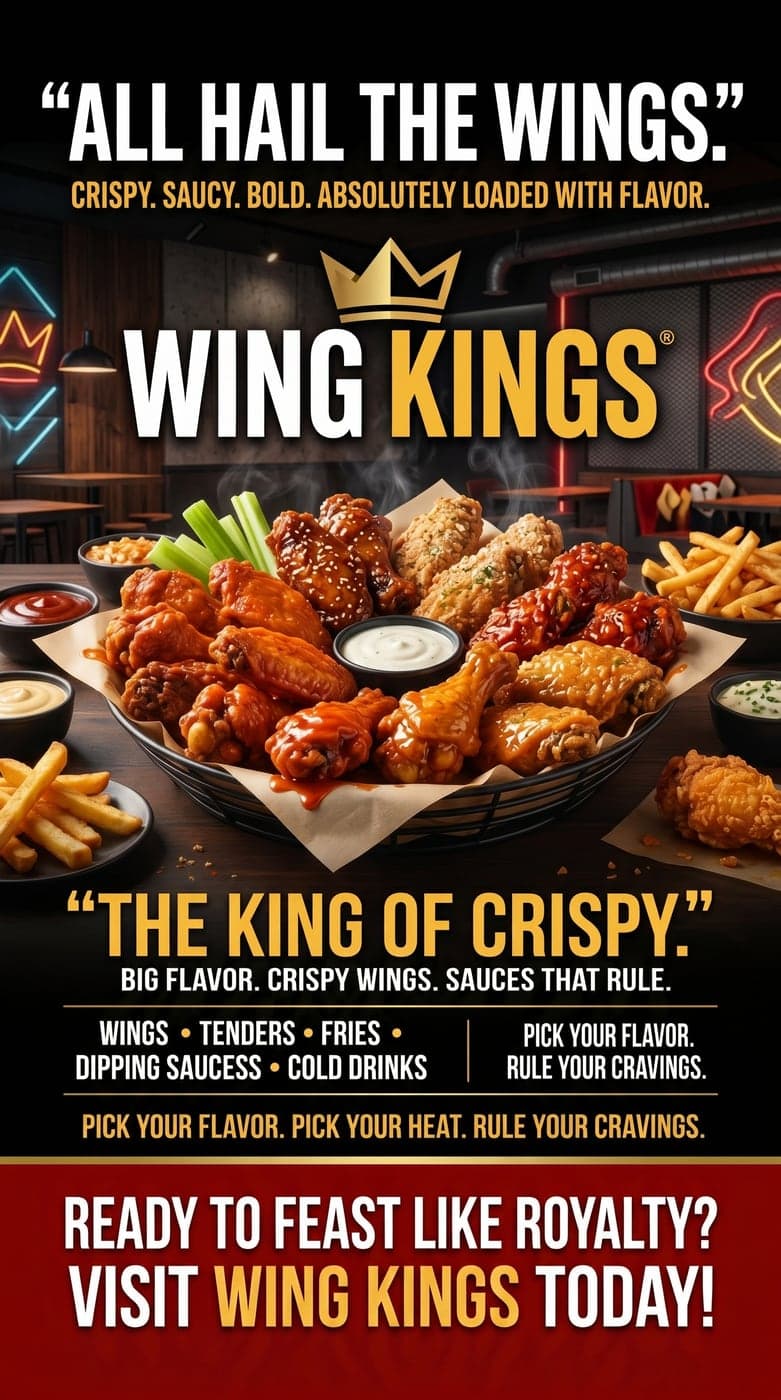 Wing Kings promotional flyer with a loaded basket of chicken wings under a gold crown logo.