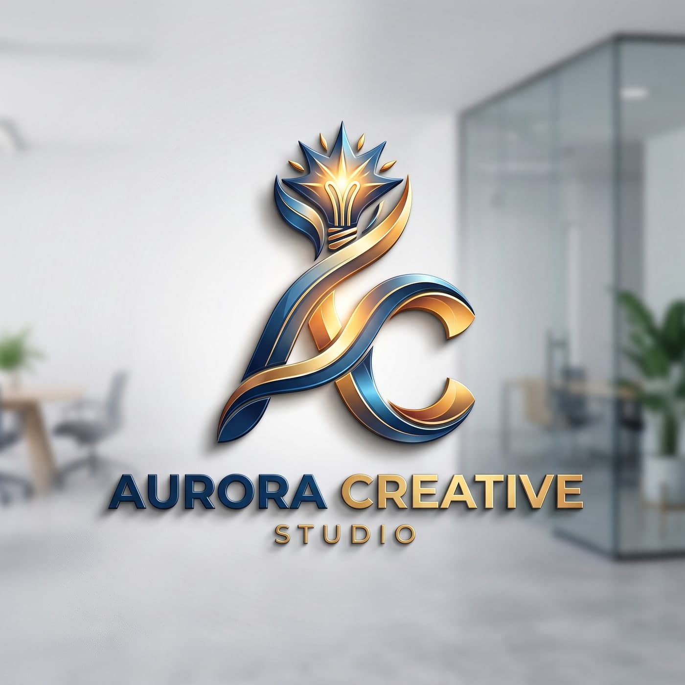 Aurora Creative Studio logo, an interlocking A and C in blue and gold, shown mounted on a studio wall.