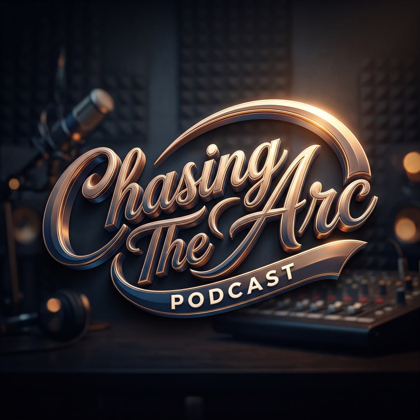 Chasing The Arc podcast logo in copper script lettering, shown in a recording studio.