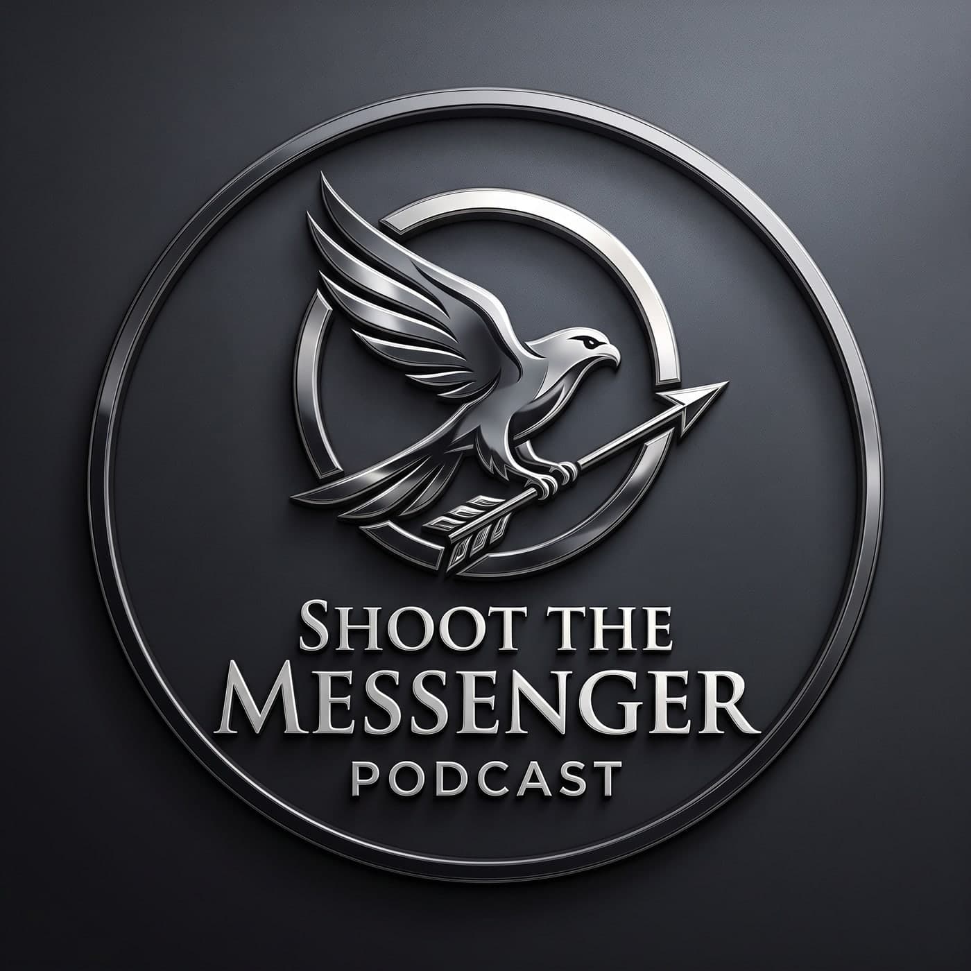 Shoot the Messenger podcast logo, a falcon carrying an arrow inside a brushed metal ring.