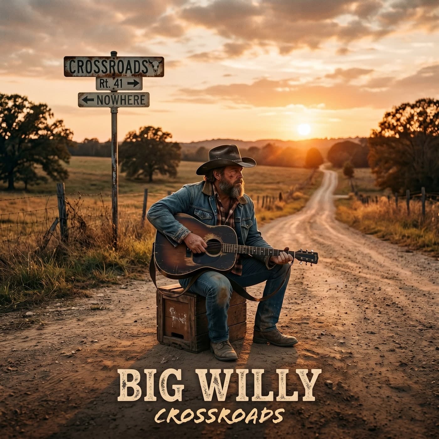 Big Willy Crossroads album cover artwork, showing a guitarist at a rural crossroads at sunset.