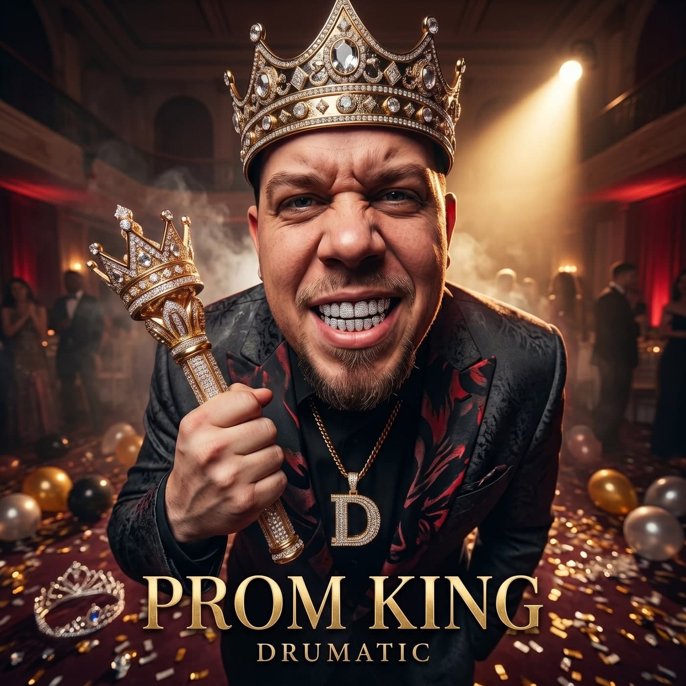 Drumatic Prom King album cover artwork, showing an artist in a jewelled crown holding a sceptre in a ballroom.