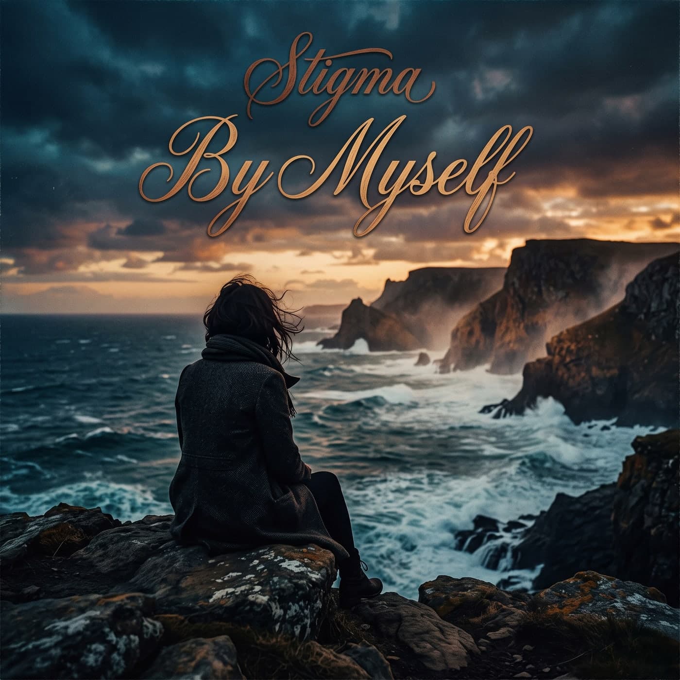Stigma By Myself album cover artwork, showing a figure seated on a clifftop above a stormy sea.