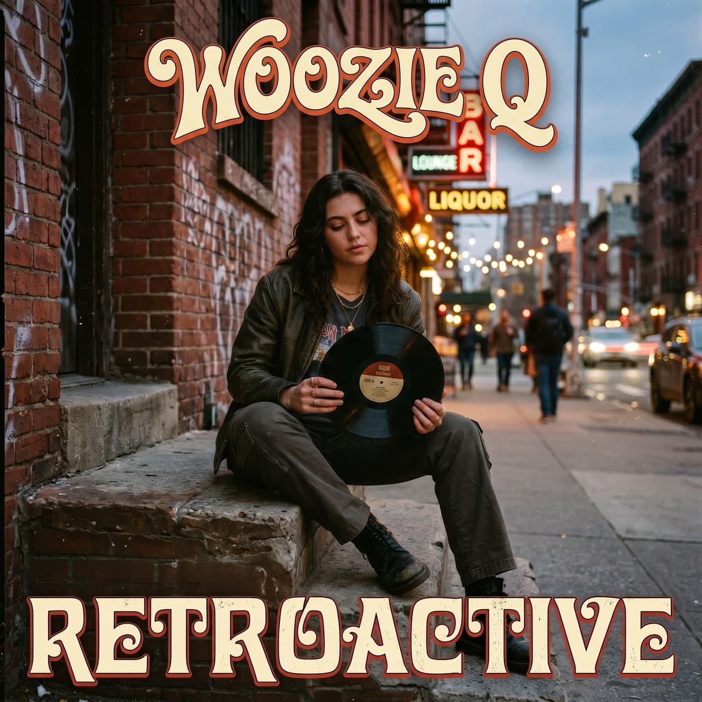 Woozie Q Retroactive album cover artwork, showing a musician holding a vinyl record on a city street at dusk.