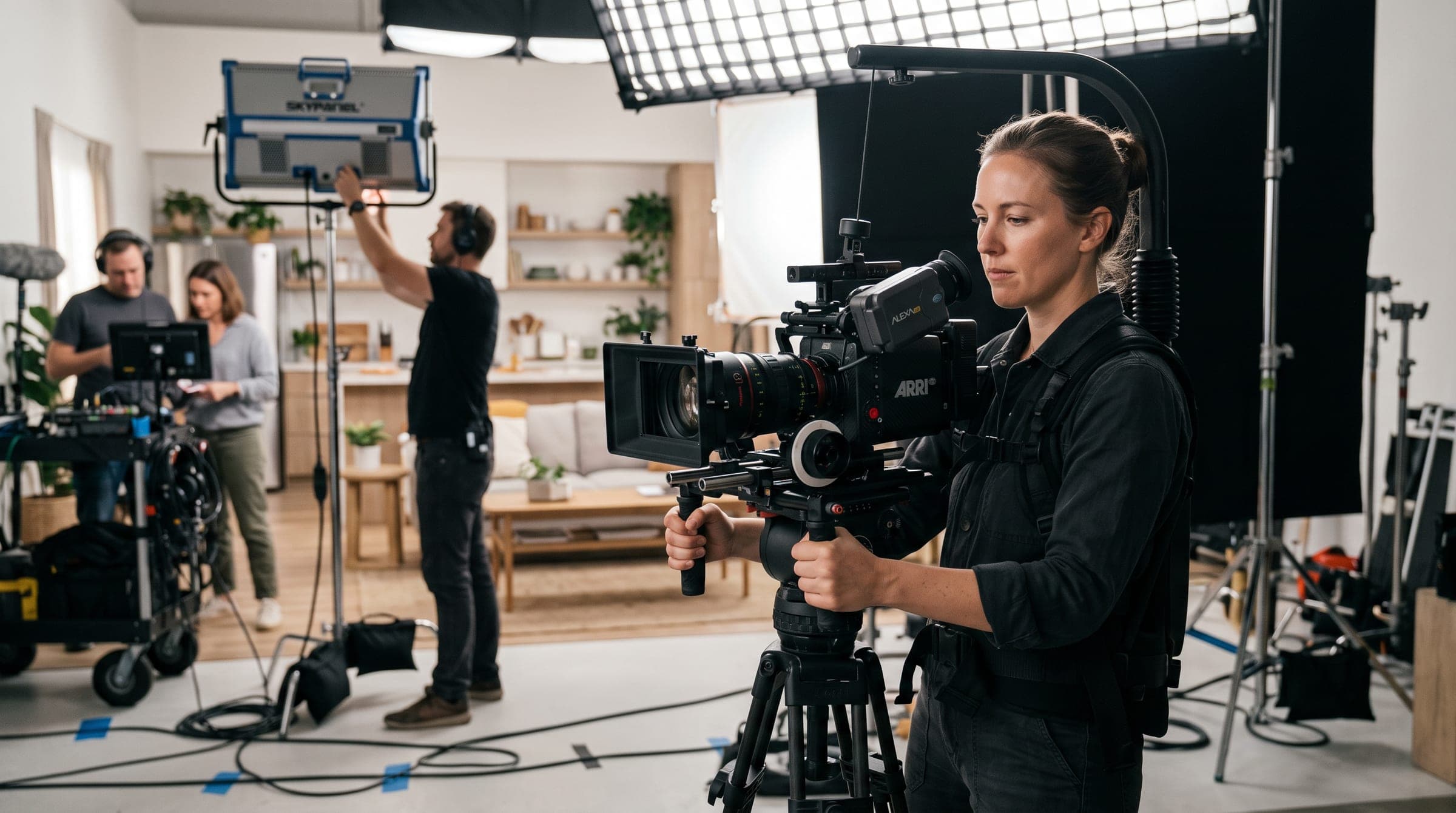 A camera operator lining up a shot on a lit studio commercial set.